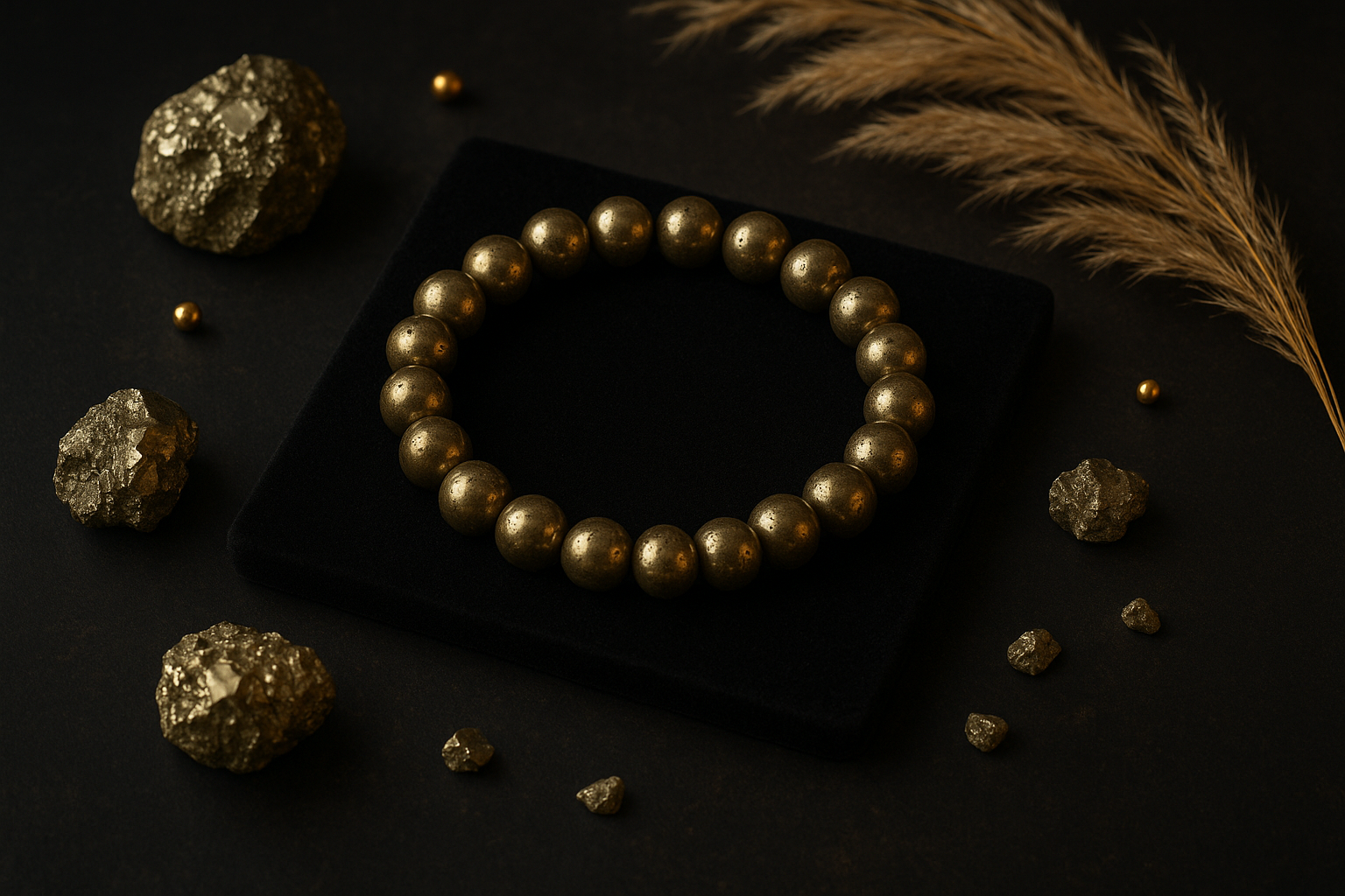 make a pyrite stone image with props in it and also keep the background a bit dark and keep the beads round in shape.