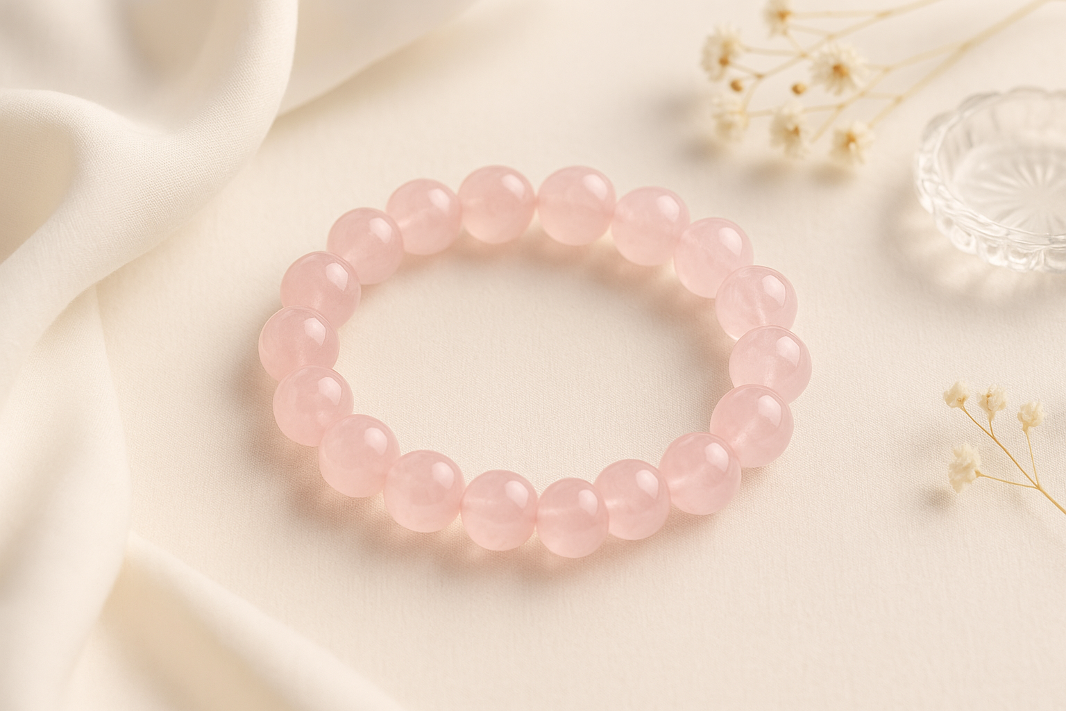 make an image for rose quarts bracelet with props and a light background.